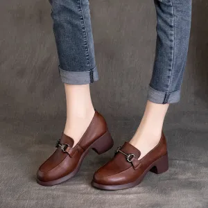Women Retro Handmade Round Head Leather Loafers