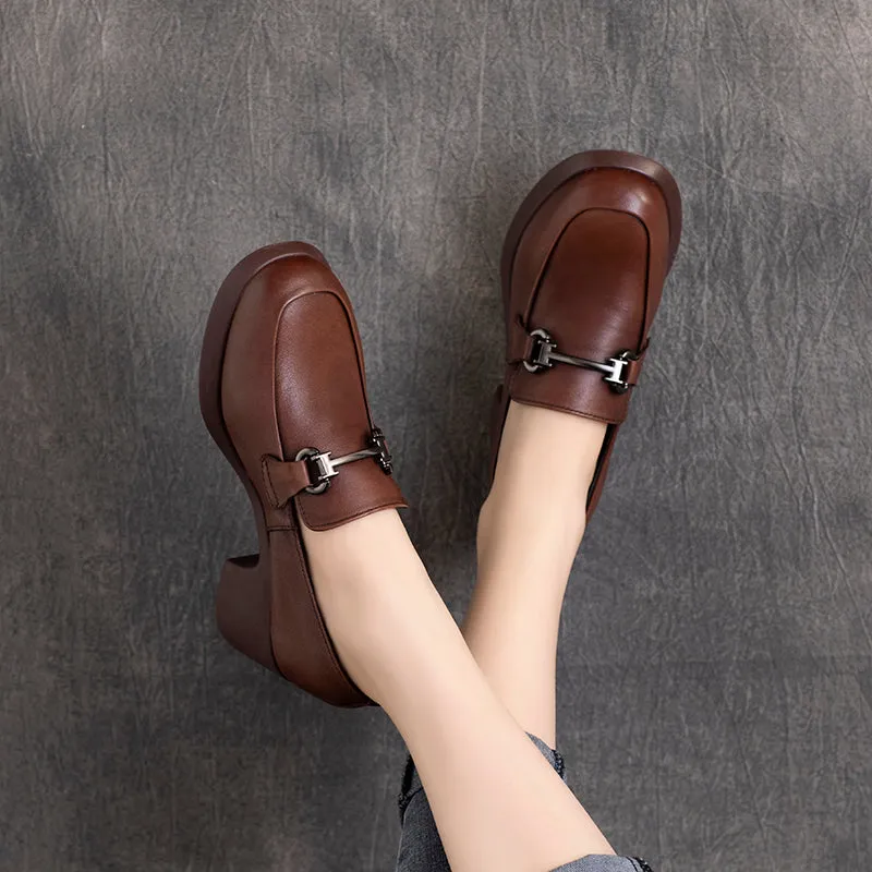 Women Retro Handmade Round Head Leather Loafers