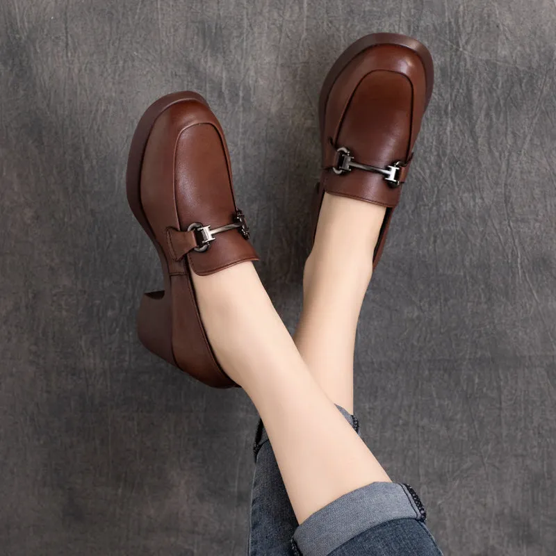 Women Retro Handmade Round Head Leather Loafers