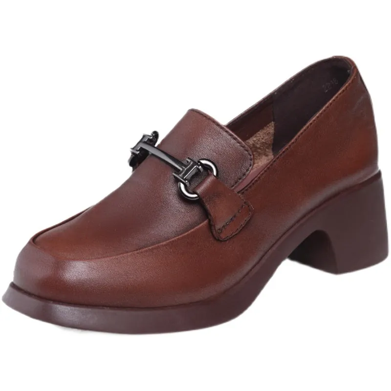 Women Retro Handmade Round Head Leather Loafers