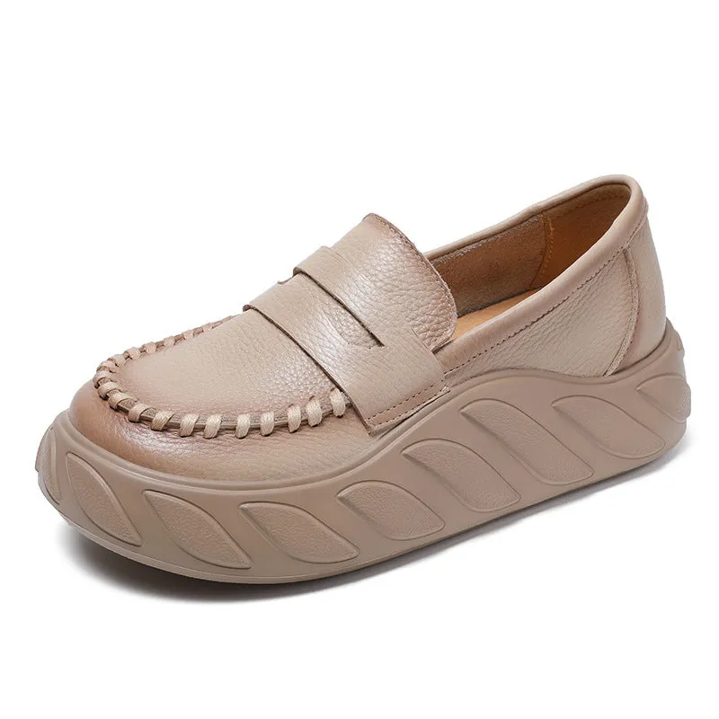 Women Solid Leather Casual Thick Soled Loafers