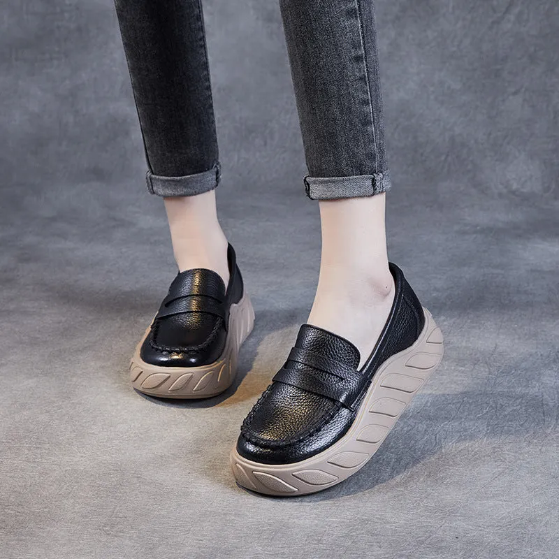 Women Solid Leather Casual Thick Soled Loafers