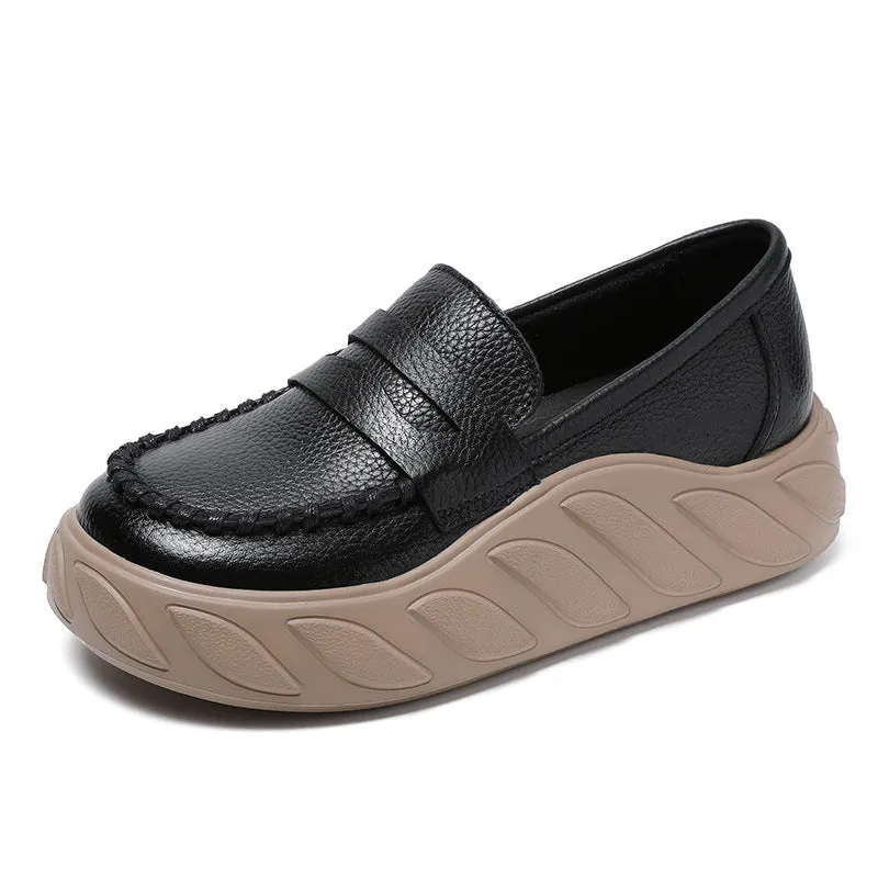 Women Solid Leather Casual Thick Soled Loafers