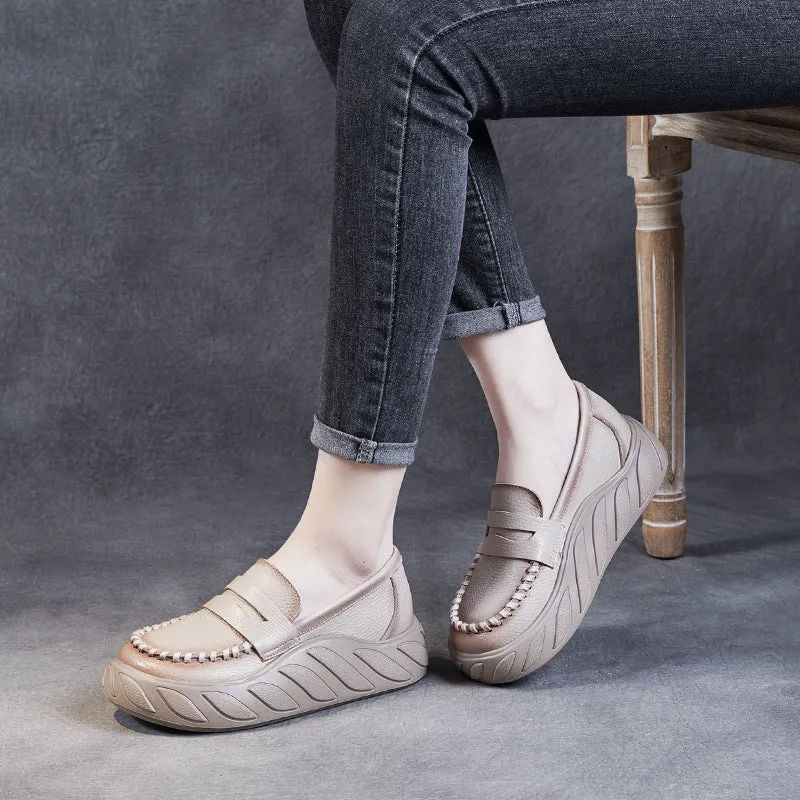 Women Solid Leather Casual Thick Soled Loafers