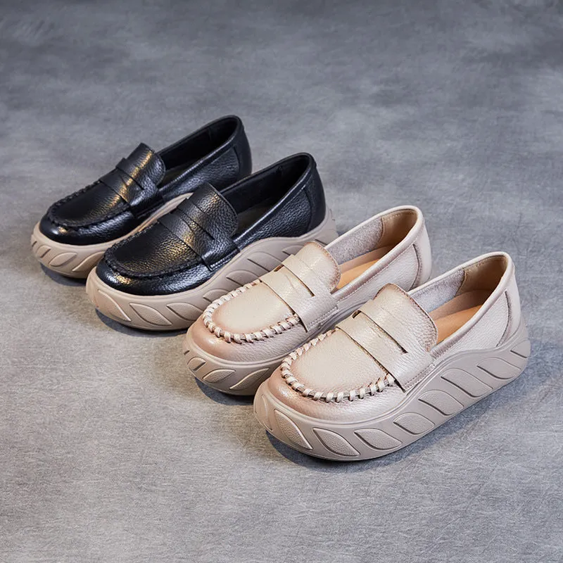 Women Solid Leather Casual Thick Soled Loafers