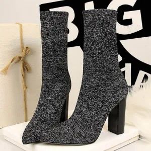 Women’s Pointed Toe 10cm High Heel Sock Boots – Fashion Silk Satin Ankle Boots, Winter Pastel Short Boots for Elegant Style
