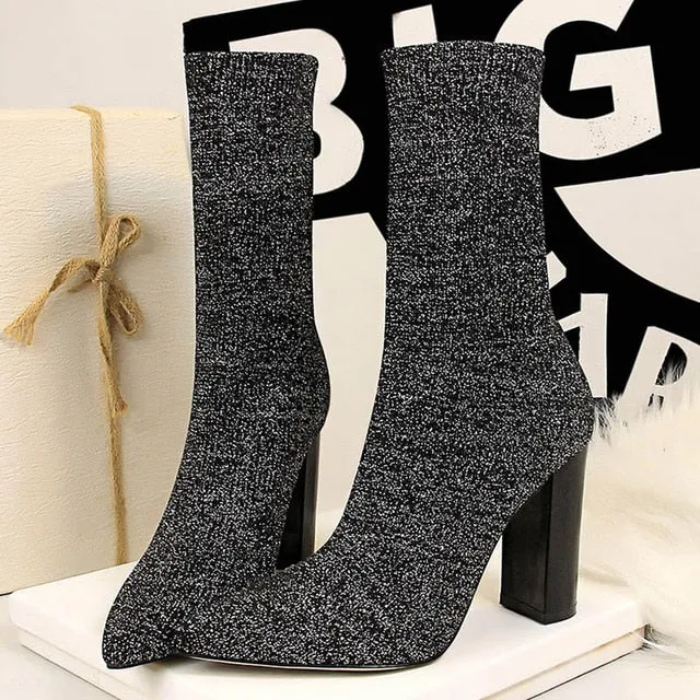 Women’s Pointed Toe 10cm High Heel Sock Boots – Fashion Silk Satin Ankle Boots, Winter Pastel Short Boots for Elegant Style