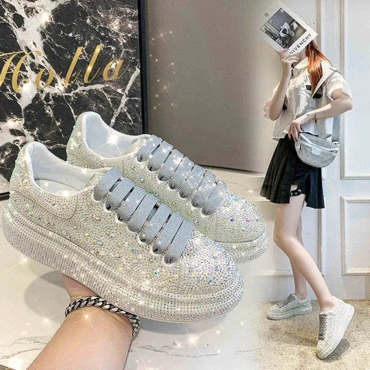 Women's Rhinestone Chunky Bottom Casual Trainers Shoes