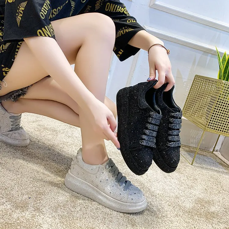 Women's Rhinestone Chunky Bottom Casual Trainers Shoes