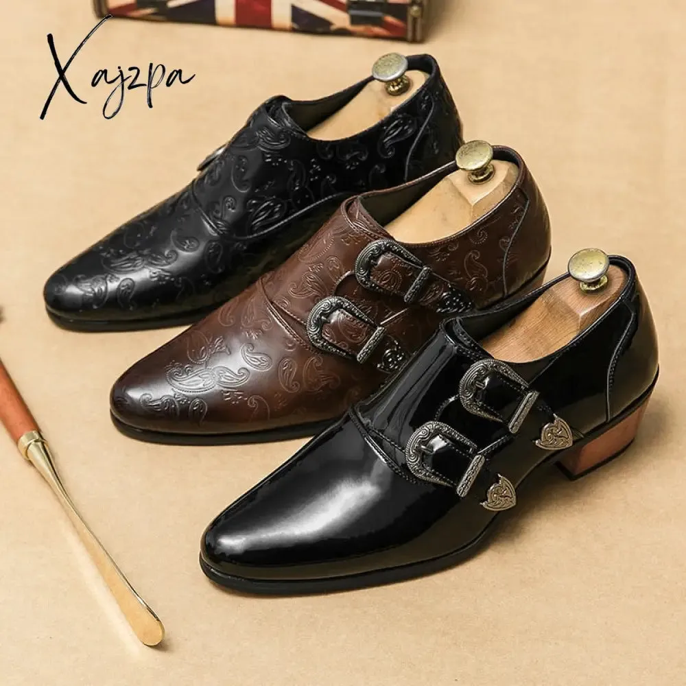 Xajzpa - Brown Double Buckle Men Loafers Shoes Thick Heel Printing Black Men Casual Shoes Zapatos Casuales Para Hombres