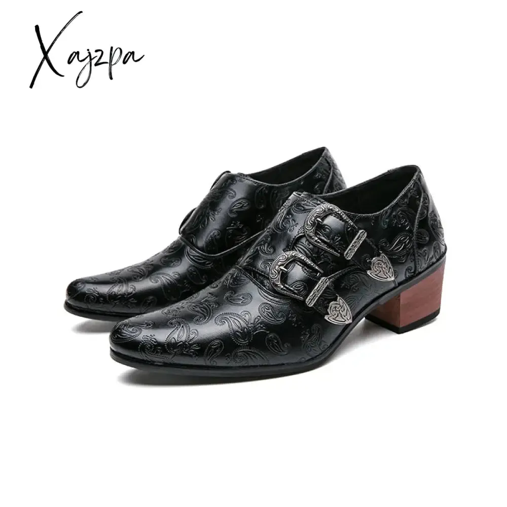 Xajzpa - Brown Double Buckle Men Loafers Shoes Thick Heel Printing Black Men Casual Shoes Zapatos Casuales Para Hombres